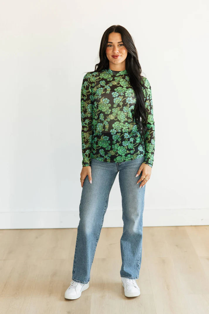 Floral Green Mesh Top