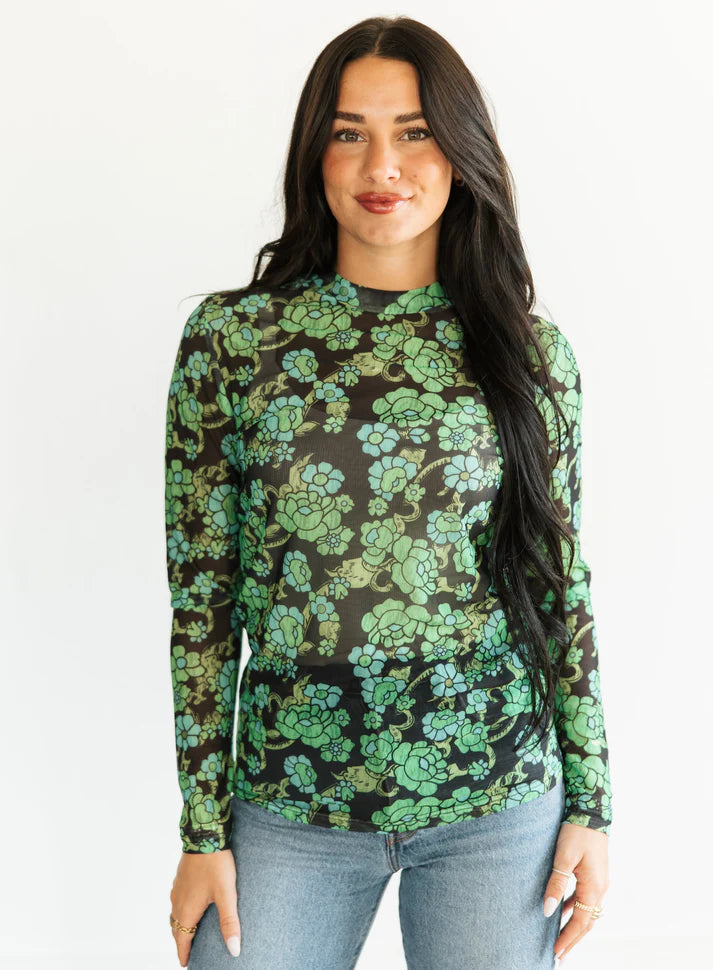 Floral Green Mesh Top