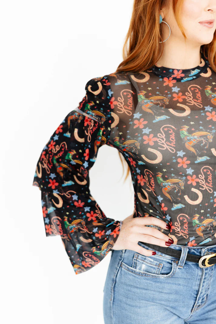 Black Yeehaw Mesh Top